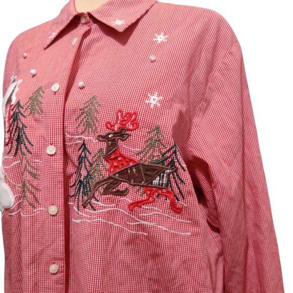 Karen Scott 2X Womens Shirt Plus Size Red Gingham Christmas Embroidered Vintage - Picture 12 of 12